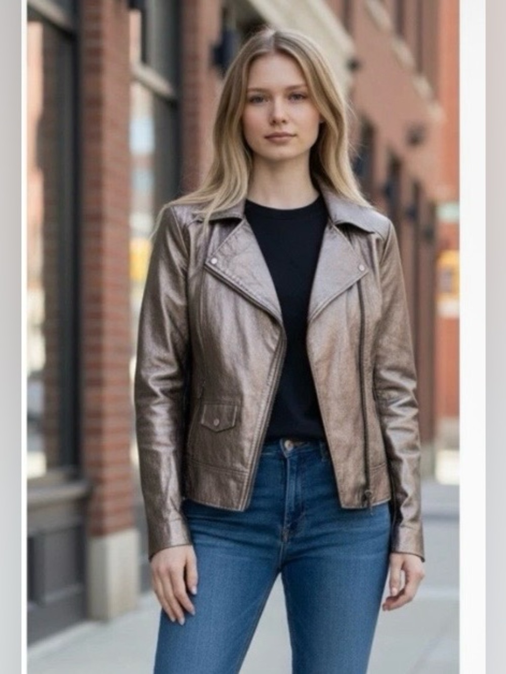 In Suede gold metallic shimmery leather moto jacket Womens small